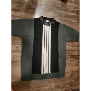Vintage Kmart Full-Fashion Men Short Sleeve Knit Sweater Grey Black Striped M